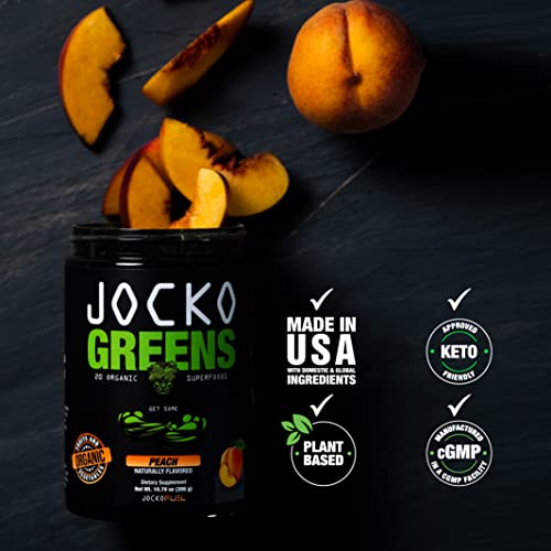 Jocko Fuel Greens Powder (Peach Flavor) - Organic Greens & Superfood Powder for Healthy Green Juice - Keto Friendly with Spirulina, Chlorella, Digestive Enzymes, & Probiotics - 30 Servings