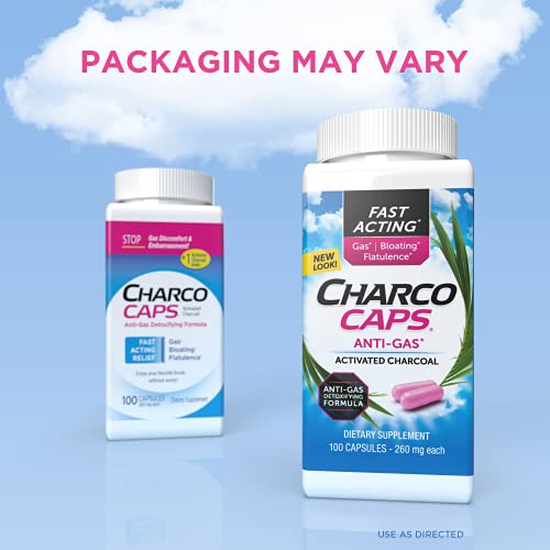 Charcocaps Fast Acting Gas Relief for Bloating & Flatulence, Drug Free Detoxifying Activated Charcoal Formula, 100 Capsules, 30 Day Supply, Pink