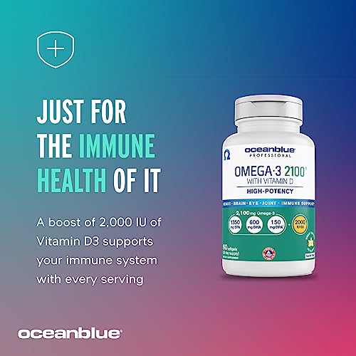 Oceanblue Professional Omega-3 2100 – 180 ct – Triple Strength Burpless Fish Oil Supplement with High-Potency EPA, DHA, DPA and Vitamin D3 – Wild-Caught – Vanilla Flavor (90 Servings)