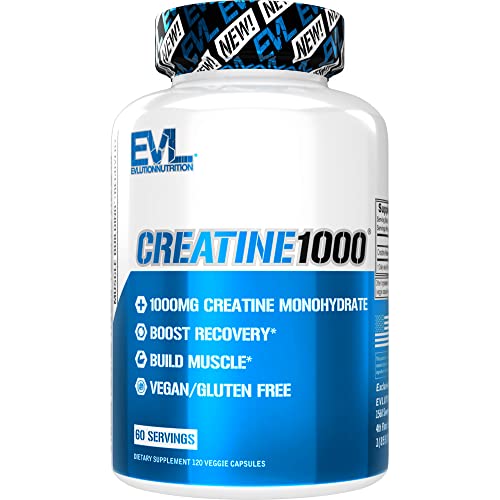 Evlution Pure Creatine Monohydrate Capsules 1000mg Nutrition Pre and Post Workout Recovery Vegan Creatine Pills for Muscle Gains and Muscle Recovery Supplement - Creatine Muscle Builder for Men