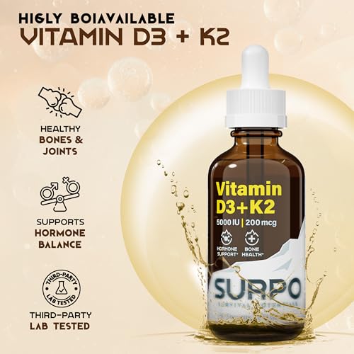 SURPO Vitamin D3 + K2 Liquid Drops with Omega 3 Oil - 5000 IU Vitamin D Drops K2 for Hormone Support & Bone Health - Liquid Vitamin D3 with K2 Drops for Maximum Absorption - 2Fl Oz Vitamin K2 D3