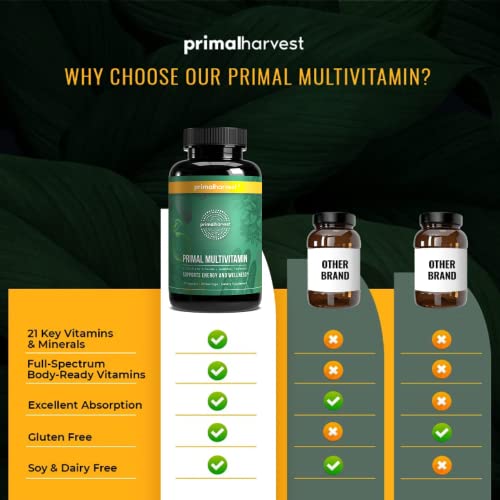 Primal Harvest Multivitamin for Women and Men Vitamin A, Vitamin C, Vitamin D and E, Vitamin B12, B6, Biotin, Zinc Supplements, 30 Capsules