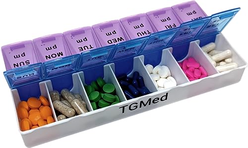 TGMed 7 Day 2 Times a Day Weekly Daily Pill Organizer Easy Open, Color Coded, Braille, Organize Medication or Vitamins for Morning and Bedtime or AM, PM Twice a Day Purple Blue White Pill Box