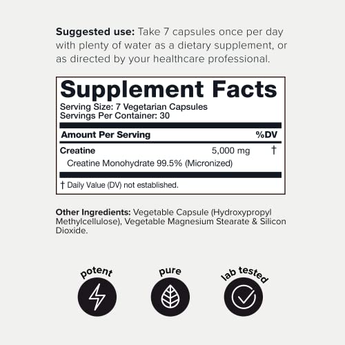 Creatine Pills 99.5%+ Purity 5000mg Ultra High Purity - Third-Party Tested Creatine Monohydrate Capsules - Pre and Post Workout Creatine Supplement for Men & Women -1Month