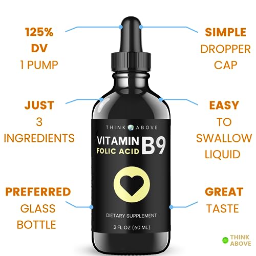 Think Above Folic Acid 295 mcg B9 Vitamin Liquid Supplement (Folate 500 mcg DFE) Easy to Swallow - Fast Absorption 2 fl oz (60 ml)