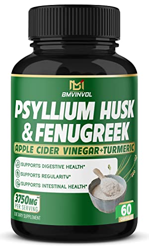 BMVINVOL Psyllium Husk Capsules 3750mg - Fenugreek, Apple Cider Vinegar, Turmeric - Fiber Supplement for Supports Digestive Health & Regularity (60Count)