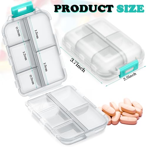 meekoo 8 Pcs Travel Pill Organizer Portable Pill Case Daily Pill Container Pocket Pharmacy Container Small Medicine Travel Container with 10 Compartments for Purse Fish Oil Medicine (Clear White)