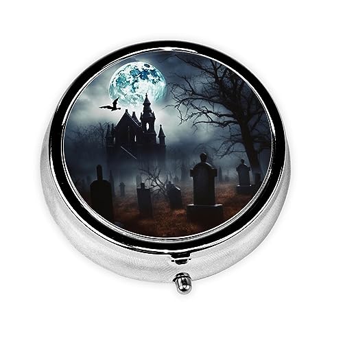 Round Pill Box Gothic Happy Halloween Cute Small Pill Case 3 Compartment Pillbox for Purse Pocket Portable Pill Container Holder to Hold Vitamins Medication Fish Oil and Supplements