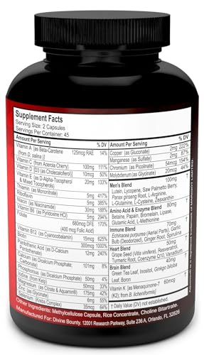 Mens Multivitamin – Daily Multivitamin for Men with Vitamin A C D E K B Complex, Calcium, Magnesium, Selenium, Zinc Plus Heart, Brain, Immune, and Men's Multivitamins – 90 Vegetarian Capsules