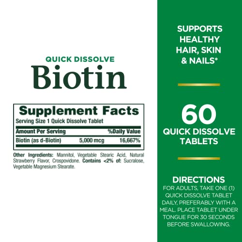 Nature's Bounty Biotin, Vitamin Supplement, Supports Metabolism for Cellular Energy and Healthy Hair, Skin, and Nails, 5000 mcg, 60 Quick Dissolve