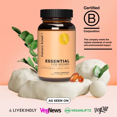 Future Kind Vegan Multivitamins - Glass Bottle & Made for Vegans w/Omega 3 DHA+EPA, Vitamin B12 & D3 - Vegan Vitamin for Energy, Focus, & Mood - Vegan Vitamins for Women & Men, 60 Tiny Softgels