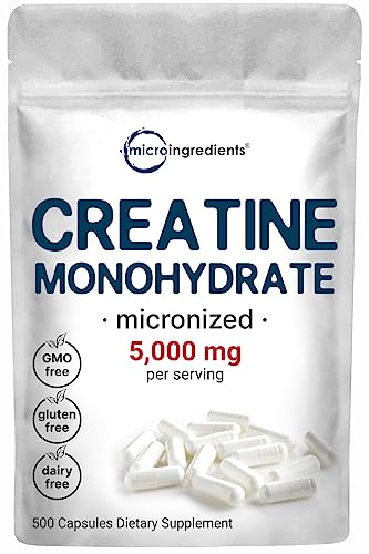 Creatine Monohydrate 5,000mg, 500 Capsules | Pure Creatine Pills – Micronized + Unflavored Powder Source, Easy Absorption | Pre Workout & Muscle Health Support | Keto, Non-GMO