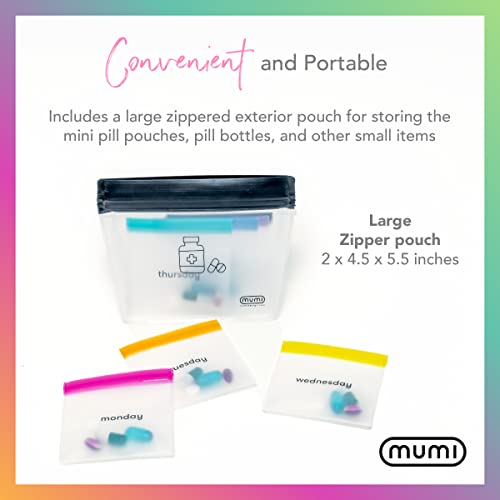 mumi Pill Pouch Set, 7 Mini Zip Pill Organizers, Large Reusable Travel Pill Container, Color-Coded Medicine Bags, Organize Pills & Small Items