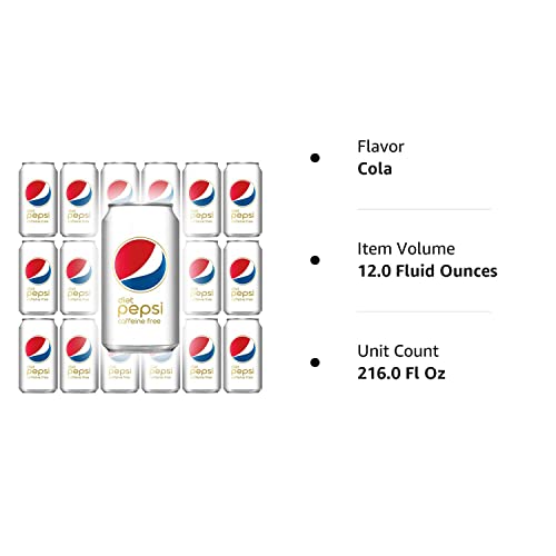 Diet Pepsi Cola, Caffeine-Free, 12 Fl Oz Can (Pack of 18, Total of 216 Oz)