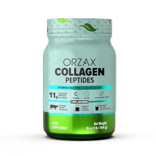 ORZAX Collagen Peptides Powder, 11g Collagen, Type I & III Grass Fed Vitamin C, Biotin & Hyaluronic Acid, Hair, Nail, Skin & Joint Support Supplement, Sugar Free, Gluten Free, Unflavored, 16 oz