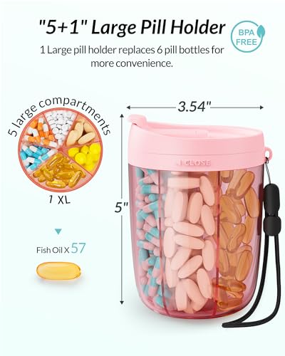 Pill Dispenser with Anti-Mixing & Wide Openings Design, Large Pill Bottle Organizer Holds Monthly Vitamins, Travel-Friendly Supplement Organizer Easy to Fill & Retrieve with a Handle, 20 Blank Labels