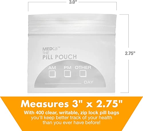 Pill Pouch Bags - (Pack of 400) 3" x 2.75" - BPA-Free, Poly Bag Disposable Zipper Pills Baggies, Daily AM PM Travel Medicine Organizer Storage Pouches, Best Clear Reusable with Write-on Labels