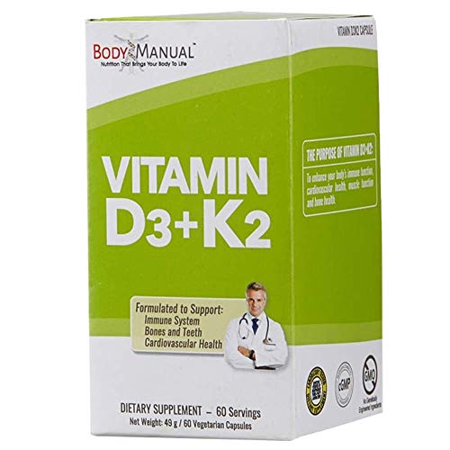 Body Manual Vitamin D3 (5,000 IU) + K2 (as MK-7 160 mcg) | GMO, Gluten & Dairy Free | Supports Immune and Cardiovascular Health, Brain Function, Bones, and Teeth | Easy to Swallow Capsules (60)