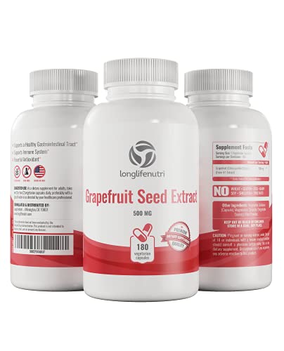 Grapefruit Seed Extract 500mg 180 Vegetarian Capsules | Made in USA | GSE Potent Immune Vitamin & Overall Health Supplement | Non GMO Gluten Free Pill