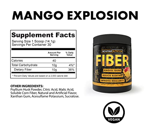 BOWMAR NUTRITION Fiber, Soluble Dietary Fiber Supplement Powder. Removes Toxins, Reduces Bloating, and Improves Regularity. 30 Servings tub, 10g of Fiber per Serving (Mango)