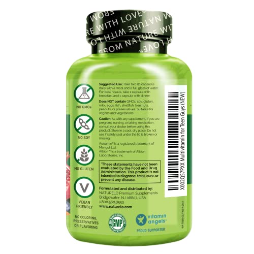 NATURELO Whole Food Multivitamin for Teenage Boys - Vitamins and Minerals Supplement for Active Kids - with Plant Extracts - Non-GMO - Vegan & Vegetarian - 60 Capsules