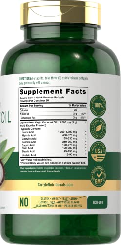 Carlyle Coconut Oil Extra Virgin Softgel Capsules | 3000 mg | 240 Count | Non-GMO and Gluten Free Supplement | Naturally Occurring MCTs