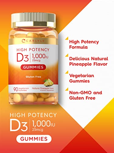 Carlyle Vitamin D3 1000iu Gummies | 90 Count | Vegetarian, Non-GMO, and Gluten Free Vitamin D Supplement | Natural Pineapple Flavor