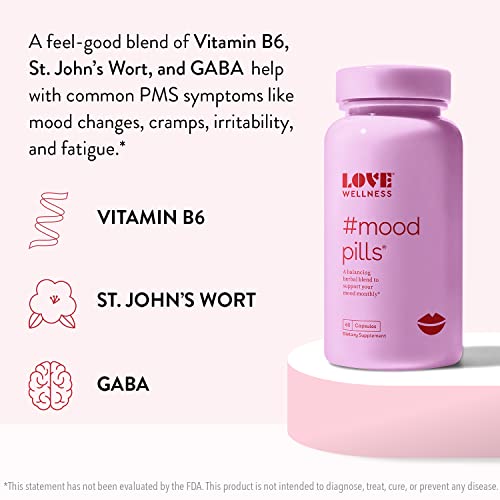 Love Wellness Mood Pill Supplement | Promotes a Happy Mood | Helps with PMS Hormones, Stress Relief, & Improves Mood | Vitamin B6, GABA, L-Theanine & Organic Ginkgo Biloba Leaf Powder | 60 Capsules