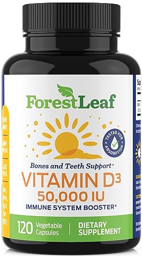 ForestLeaf - Vitamin D3 50,000 IU Weekly Supplement - 120 Vegetable Vitamin D Capsules for Bones, Teeth, and Immune Support - Easy Swallow Pure Vitamin D3 Caps 50000 IU- Non GMO Pills