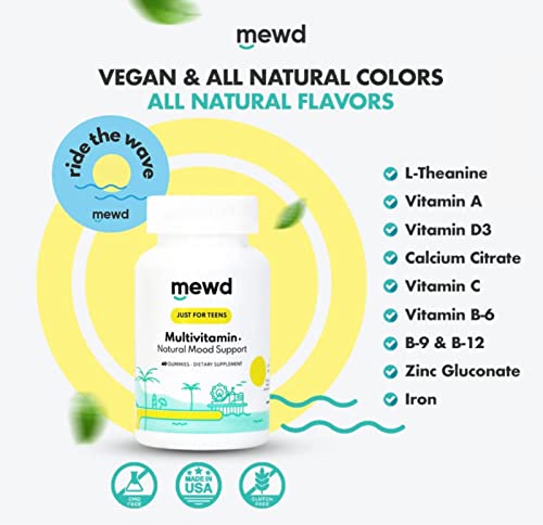 MEWD Teen and Kids Daily Multivitamin Gummy with Natural Mood Enhancer,Vegan,Immune System Booster Supplement,Kids Vitamin with Iron,Zinc,Gluten Free-Focus Vitamin for Kids-Brain Health-Made in USA