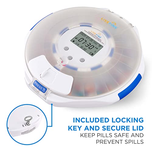 LiveFine Smart WiFi Automatic Pill Dispenser Frosted Lid | 28-Day Medication Organizer Up to 9 Doses Per Day for Care Monitoring with Lock Key, Light/Sound Alarms for Prescriptions & Vitamins