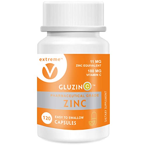 GluzinC 11MG Pharmaceutical Grade Zinc Plus 180MG Vitamin C (120 Easy to Swallow Smaller Vegetarian Capsules)
