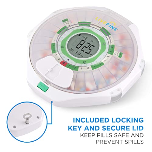 LiveFine 28-Day Automatic Pill Dispenser Frosted Lid with Upgraded LCD Display and Key Lock, Sound & Light for Prescriptions, Medication, Vitamins, Supplements & More