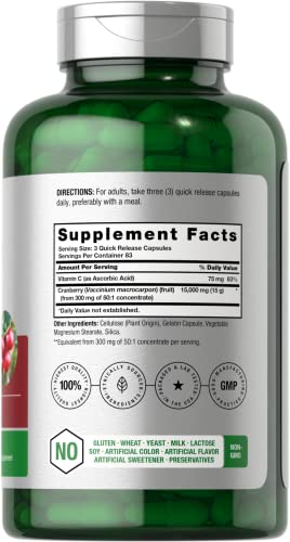 Cranberry Pills + Vitamin C | 15,000mg | 250 Capsules | Non-GMO and Gluten Free Supplement from Concentrate Extract | by Horbaach