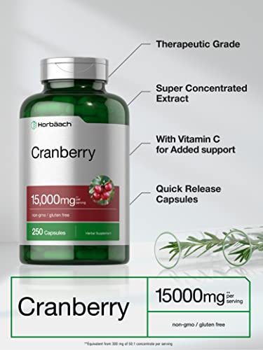 Cranberry Pills + Vitamin C | 15,000mg | 250 Capsules | Non-GMO and Gluten Free Supplement from Concentrate Extract | by Horbaach