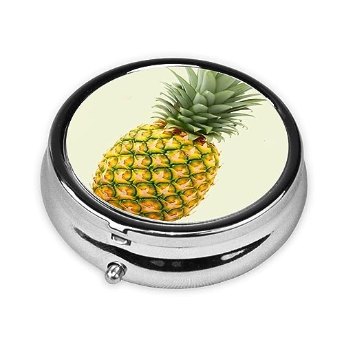 Round Pill Box Fresh Pineapple Cute Small Pill Case 3 Compartment Pillbox for Purse Pocket Portable Pill Container Holder to Hold Vitamins Medication Fish Oil and Supplements