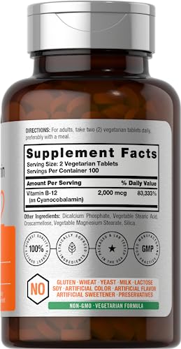 B-12 | 2000mcg Per Serving | 200 Vegetarian Tablets | for Adults | Vegetarian, Non-GMO, & Gluten Free Vitamin | by Horbaach