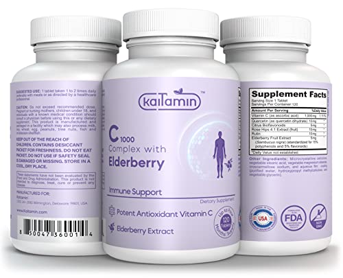 Kaitamin Vitamin C 1000mg with Rose Hips + Sambucus Elderberry - C1000 Complex Dietary Supplement for Immune Support & Antioxidant Support - 120 Tablets for Upto 120 Days