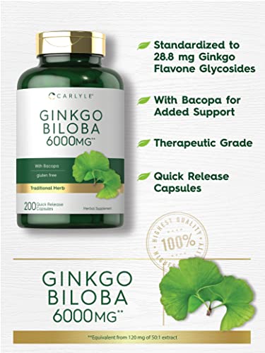 Carlyle Ginkgo Biloba Pills | 6000mg | 200 Capsules | Maximum Strength | Non-GMO, Gluten Free Supplement