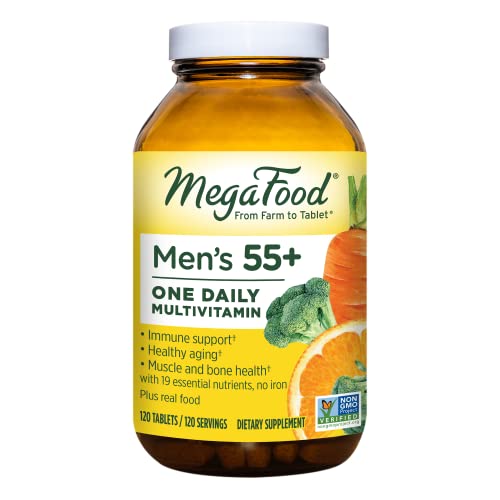 MegaFood Men's 55+ One Daily - Multivitamin for Men with Vitamin B12, Vitamin C, Vitamin D & Zinc - Optimal Aging & Immune Support Supplement - Vegetarian - Made Without 9 Food Allergens - 120 Tabs