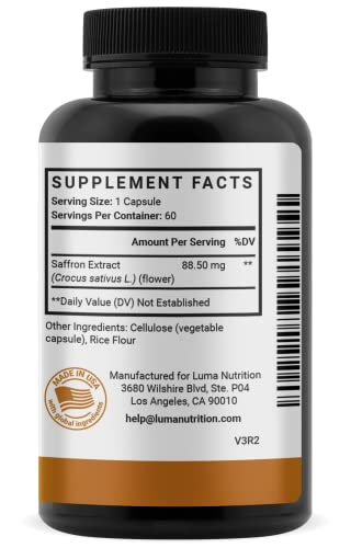 Luma Nutrition Saffron Extract Capsules - Premium Saffron Supplements - 88.50 mg Pure Saffron Pills - Mood Support - Eye Support - Made in The USA - 60 Capsules