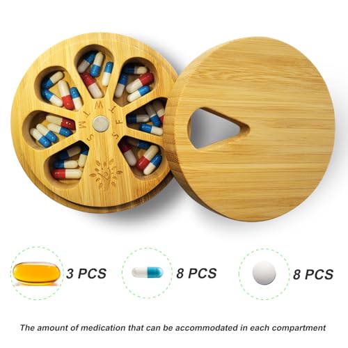 Bamboo Wood Pill Organizer for Medicine Vitamin Weekly, Arthritis Friendly 7-Day Pill Box Medium Container Holder, Daily Portable Travel Pill Case