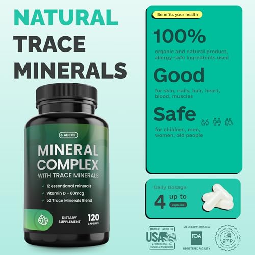 ADEO2 - Premium Blend of 52 Trace Minerals Complex with Essential Minerals in Chelated Form – All Natural and 100% Organic - 120 Capsules - Full Spectrum Ionic Mineral Blend - Safe for Women and Men