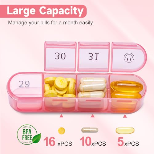 Zoksi Monthly Pill Organizer 1 Time a Day, 30 Day Pill Box Organizer Once a Day, One Month Large Pill Case for Travel, 31 Day Daily Medcine Container for Vitamins, Supplement & Medication (Pink)