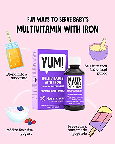 NovaFerrum Yum | Multivitamin with Iron for Infants, Toddlers & Kids | Immune Support | Ages 4 & Under | Gluten Free Certified | Sugar Free | Raspberry Grape | 120 Servings