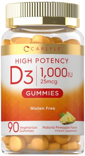 Carlyle Vitamin D3 1000iu Gummies | 90 Count | Vegetarian, Non-GMO, and Gluten Free Vitamin D Supplement | Natural Pineapple Flavor