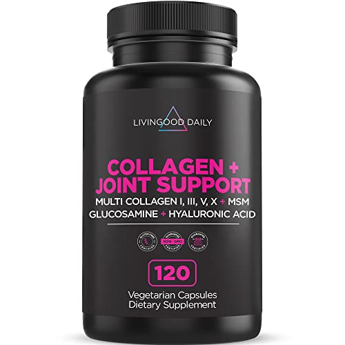 Livingood Daily Collagen Peptides + Joint Support, 120 Capsules - Multi Collagen Pills (Type I, III, V, X) with Hyaluronic Acid, Glucosamine, MSM & Boswellia Serrata - Collagen Supplements for Joints