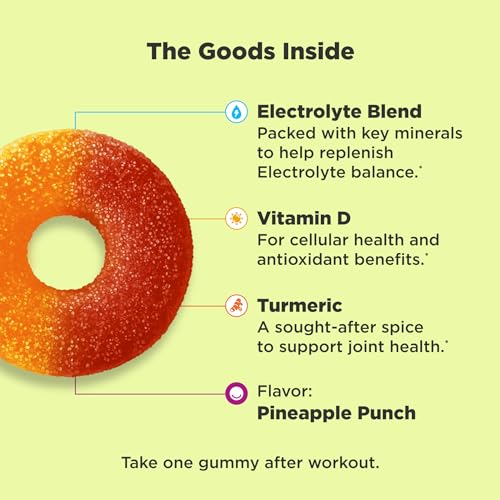 OLLY Post-Game Recover Workout Gummy Rings, Vitamin D, Turmeric, Electrolytes, Pineapple Punch Flavor - 25 Count