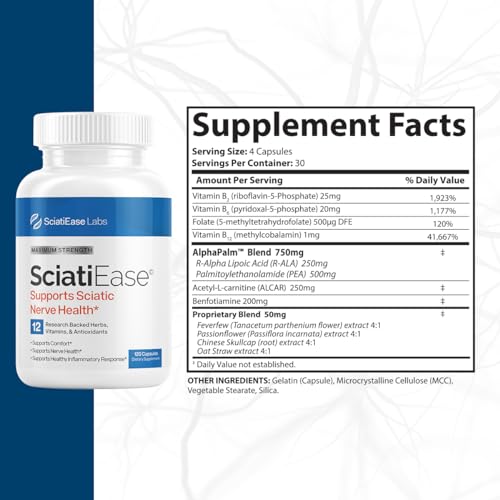 SciatiEase Sciatic Nerve Health Support - Sciatic Nerve Supplement with AlphaPalm, Pea, Vitamin B Complex, Alpha Lipoic Acid 300mg - 120 Capsules - Nerve Support Formula