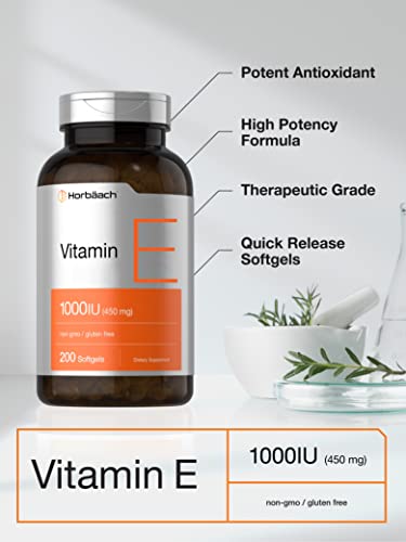 Vitamin E 1000 IU Softgel Capsules | 200 Count | Non-GMO, Gluten Free, Preservative Free | Vitamin E Oil | by Horbaach